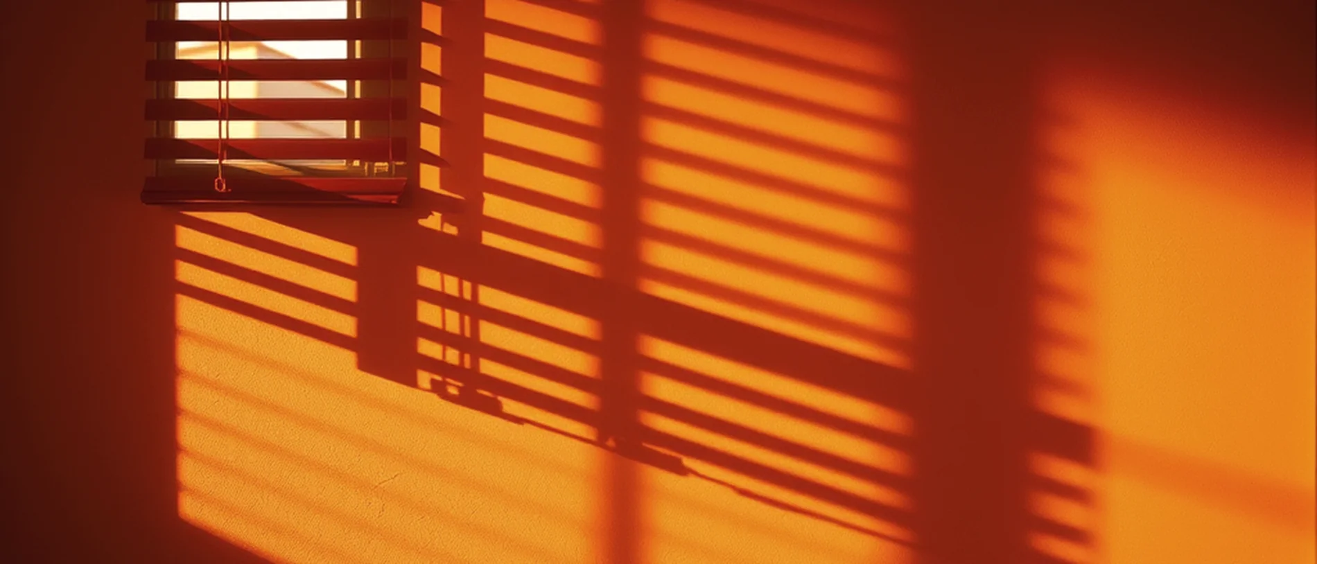 Fotografía de ambiente: la luz del amanecer entrando por una persiana veneciana sobre una pared.
