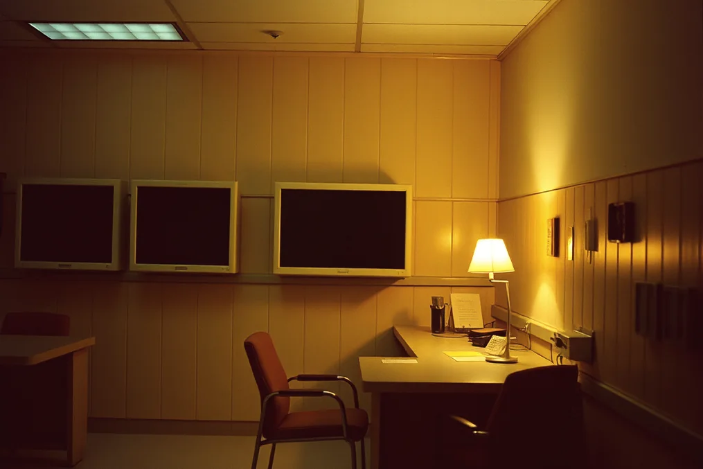 Fotografía de ambiente: un control de enfermería vacío de madrugada, con una sola lámpara encendida.