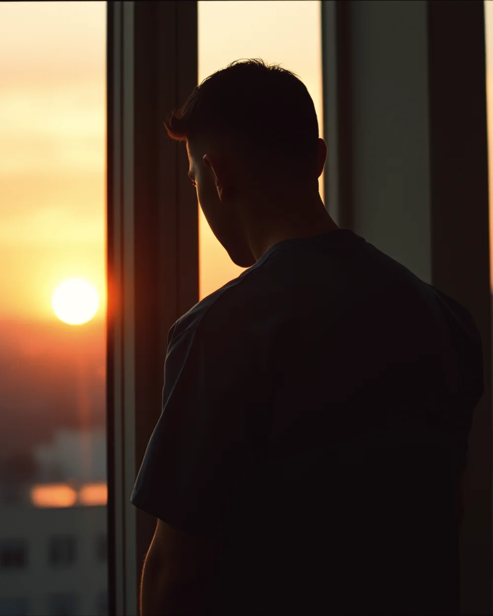 Fotografía de ambiente: una persona con pijama sanitario, de espaldas, ante una ventana al amanecer.